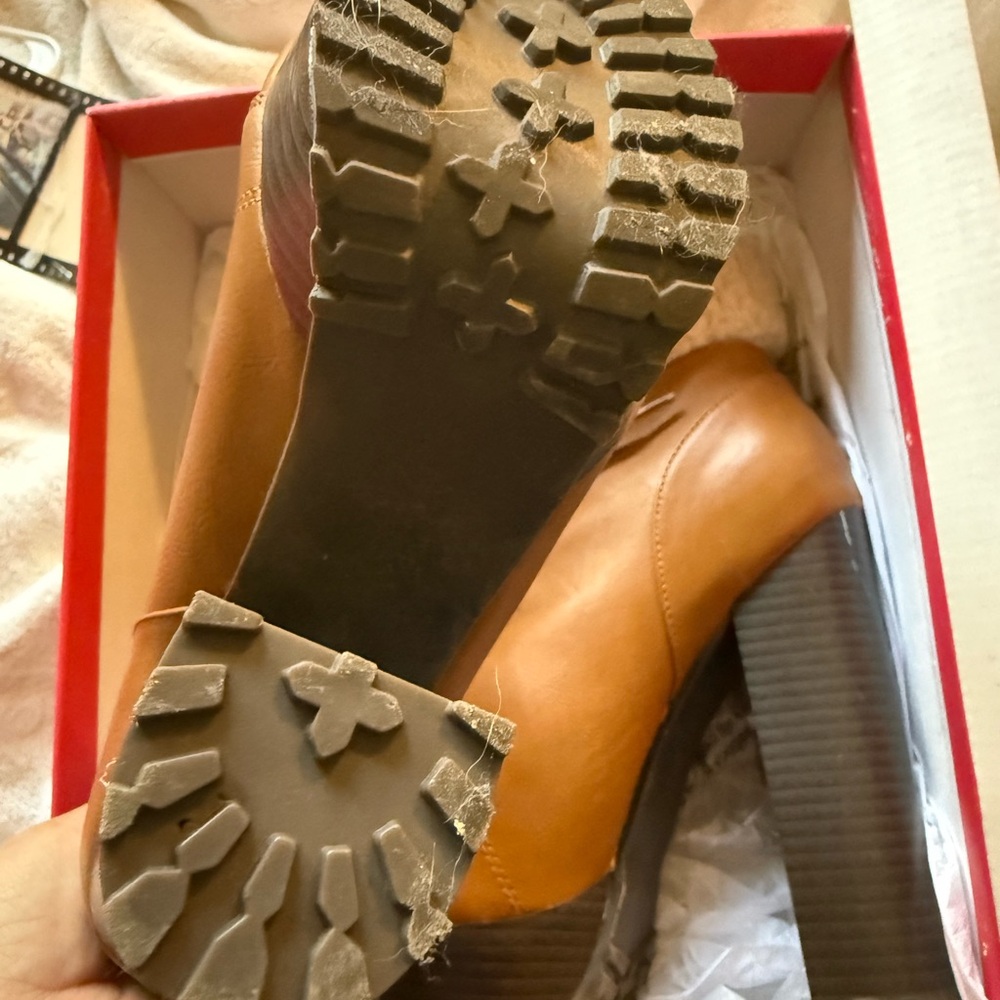 Shoe Dazzle Tan Heeled Boots with Faux Fur - Picture 2 of 3